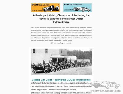 A flamboyant Voisin, Classic car clubs during the covid-19 pandemic and a Motor Dealer Extraordinaire - NEWSLETTER